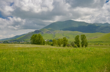 scenic view of Urut viilage and Kotratssar and Metssar mountains of Lesser Caucasus (Lori province,...