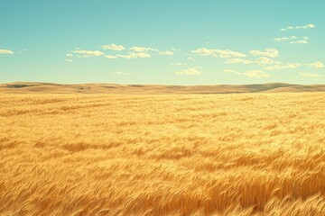 Obraz premium Golden wheat field swaying under clear blue sky.