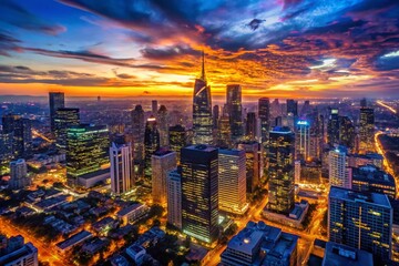 Obraz premium Twilight City Skyline Silhouette - Drone View, Urban Night Lights, Cityscape, Aerial Photography