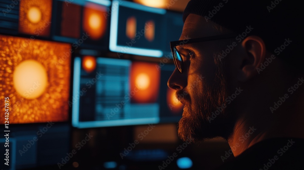 Poster concentrated professional analyzing data on high-tech computer screens