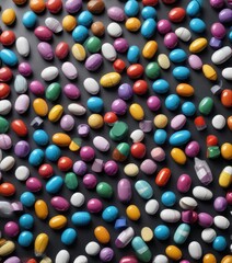 Fototapeta premium Overhead shot of assorted colorful pills and capsules , colorful, variety, drugs