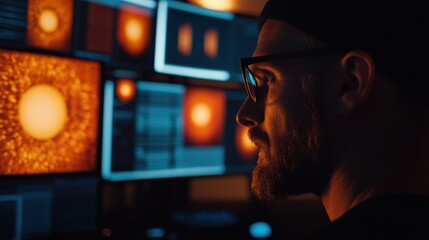 Concentrated Professional Analyzing Data on High-Tech Computer Screens