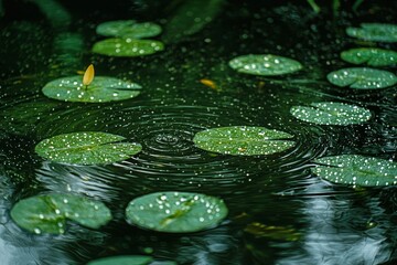 Raindrops creating ripples on calm water surface.