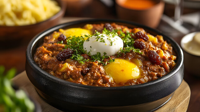 A South African bobotie with beef, raisins, curry, and egg topping, representing the unique and flavorful dishes from South African regional cuisine.