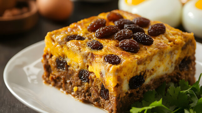 A South African bobotie with beef, raisins, curry, and egg topping, representing the unique and flavorful dishes from South African regional cuisine.