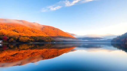 Obraz premium Autumn Sunrise Over a Serene Mountain Lake with Perfect Reflection in Japan