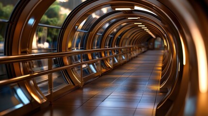 A modern, illuminated corridor with circular architecture, leading to a serene outdoor view