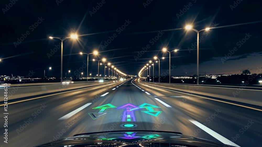 Aufkleber driving on a highway at night with illuminated navigation instructions