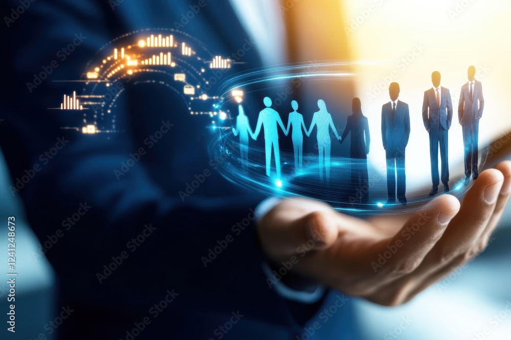Poster business professional holding holographic representation of diverse team empowering growth with digi