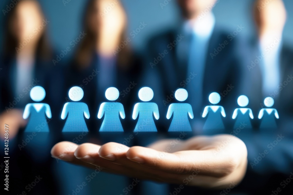 Poster abstract representation of teamwork and collaboration with human figures and symbols illustrating un