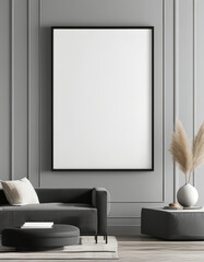 Blank picture frame mock up, Elegant black frame empty white canvas grey hanging on the wall, minimal mockup frame on white clean wall, modern interior, wall art presentation template, Picture frame