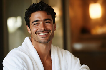 Obraz premium happy handsome bearded man in a white bathrobe in a modern interior of beauty and spa salon. Relaxation and wellness concept