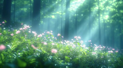 Sunlit Forest with Pink Flowers