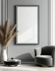 Blank picture frame mock up, Elegant black frame empty white canvas grey hanging on the wall, minimal mockup frame on white clean wall, modern interior, wall art presentation template, Picture frame