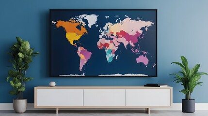 Vibrant Worldmap Display on TV Screen with Translation Options
