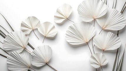 White paper palm leaves, flatlay, background, decor