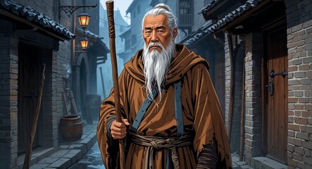 Fototapeta premium Tattered brown robes with wooden staff in darkened medieval alley elderly Asian man wiry long white beard background illustration portrait