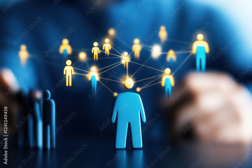 Poster concept of digital connection and networking among individuals represented by blue figurines and glo