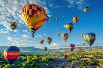 Obraz premium Colorful Hot Air Balloons Over Scenic Landscape During Vibrant Sunrise Festival