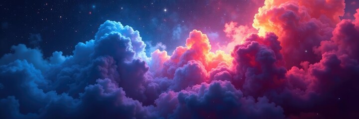 Iridescent space clouds in shades of blue and red shimmering amidst cosmic dust, galaxy, universe, cosmos