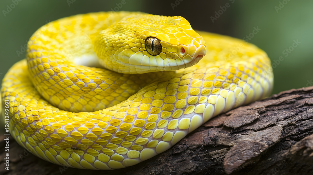 Poster coiled yellow snake wrapped around tree branch showcasing intricate scales and patterns