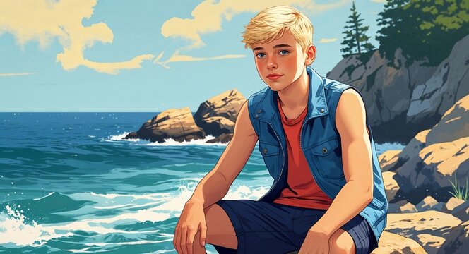 Teen Caucasian Boy Short Blonde Hair in a sleeveless hoodie at a surf shop background illustration portrait - Powered by Adobe