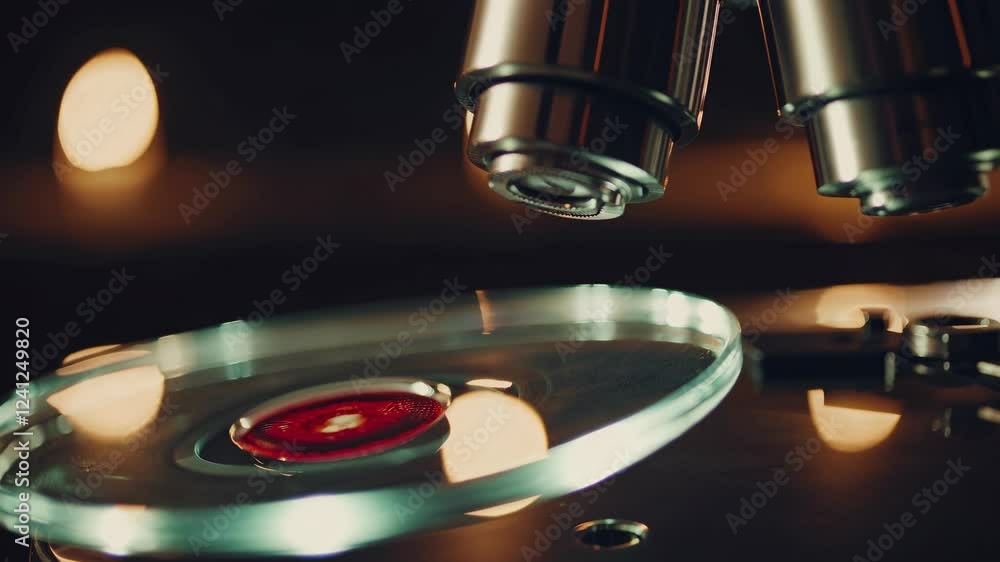 Poster exploring cellular structures using a microscope in a dimly lit laboratory setting