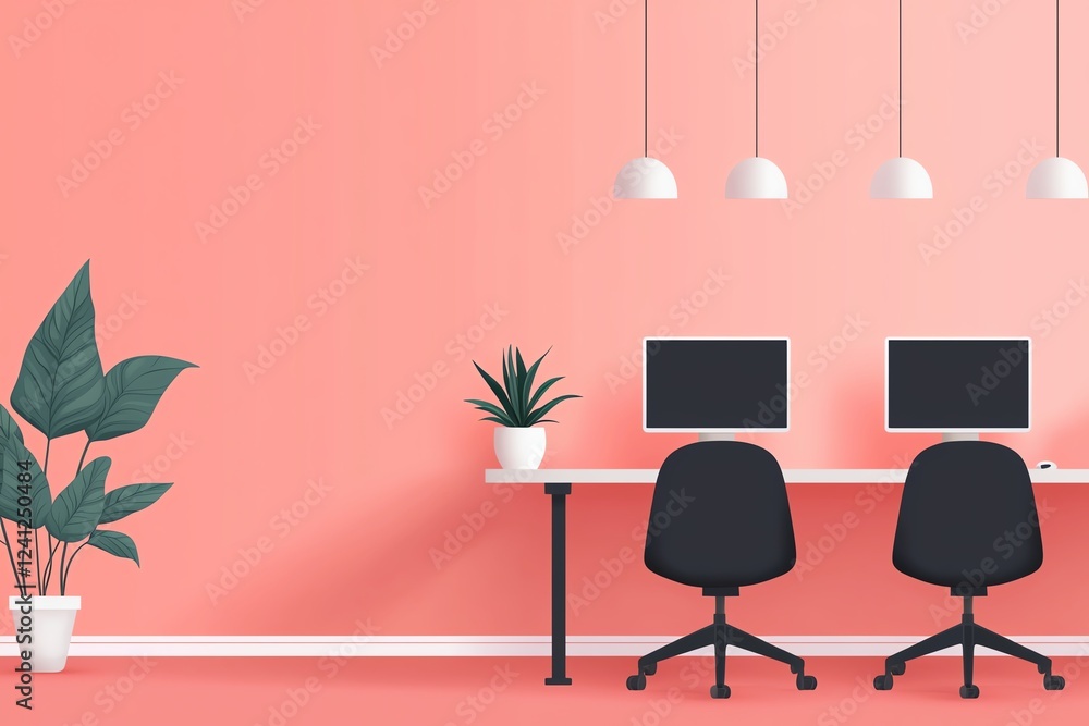 Poster modern workspace with computers and plants.