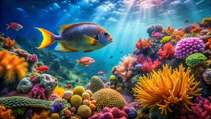 Fototapeta premium Colorful Coral Reef with Vibrant Fish Swimming Underwater