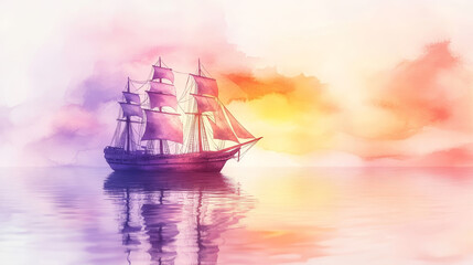 Fototapeta premium whimsical watercolor painting of ship sailing at sunset, reflecting on water