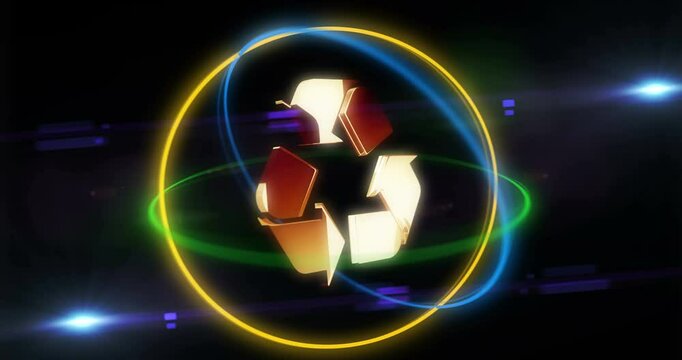 Recycling ecology environment and waste segregation golden metal symbol in rotating neon 3d circles looped and seamless animation