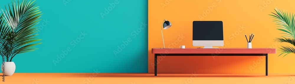 Poster modern workspace with vibrant color scheme.