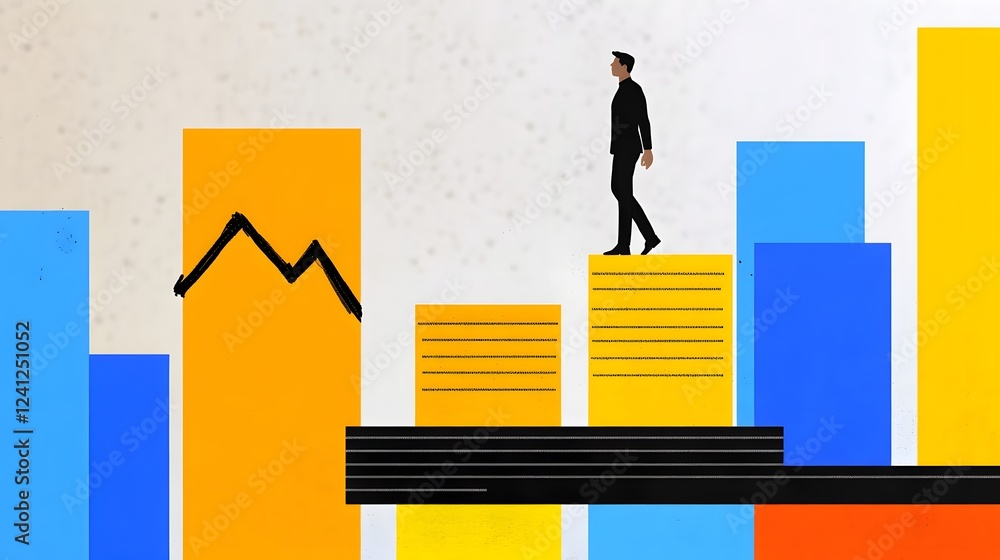 Poster conceptual visualization of a man climbing on a futuristic 3d bar chart for career success