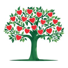 Tree with a green trunk and lush foliage, decorated with bright red heart-shaped fruits, symbolizing love, romance, and Valentine's Day, set against a white background.