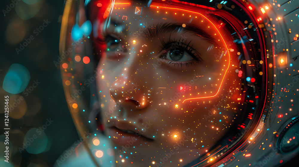 Poster futuristic portrait with glowing neon lights and digital elements overlaid on female face against da