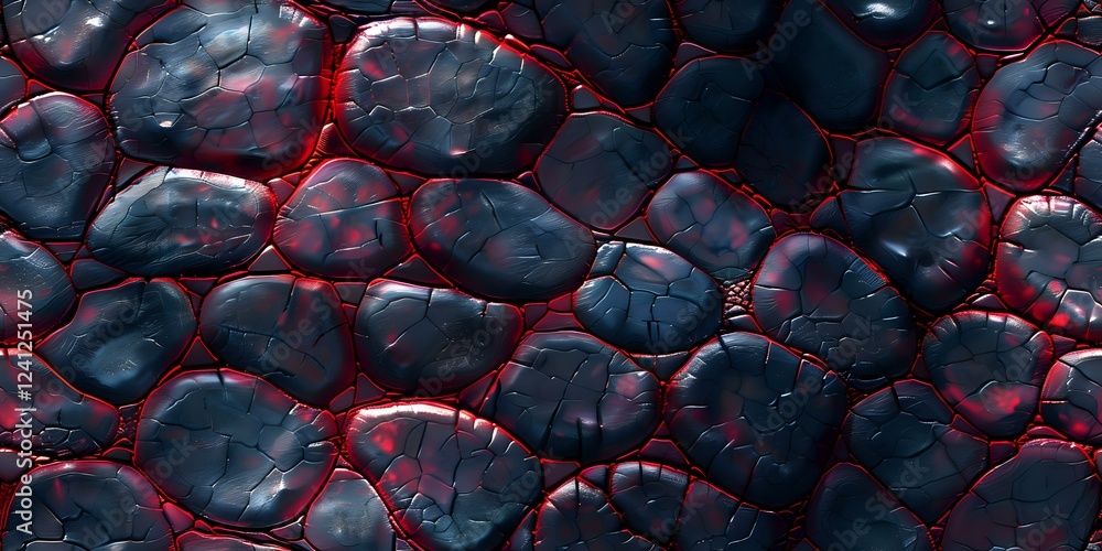 Poster dark cellular pattern with glowing red borders creates dramatic scientific background texture. micro