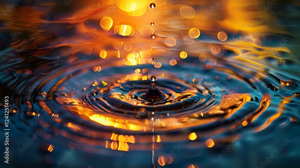 Poster mesmerizing water drop splash creating concentric ripples with golden sunset bokeh reflections again