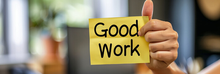 Hand holding paper or stick note with word "good work". Concept of accomplishment and positivity