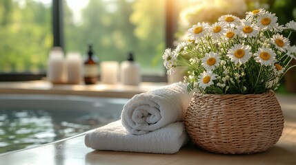 White, fluffy towels sit next to a wicker basket overflowing with fresh daisies, creating a serene spa atmosphere beside a jacuzzi with natural light streaming through a nearby window