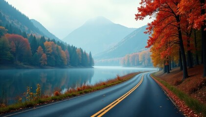 Road and lake shore with autumn forest background, mist, autumn