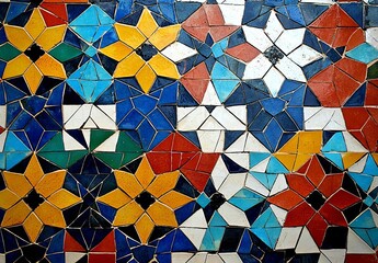 Old Islamic tiles (also known as zellige or azulejos) with traditional geometric patterns decorating a wall of the Nasrid Palaces inside the Alhambra