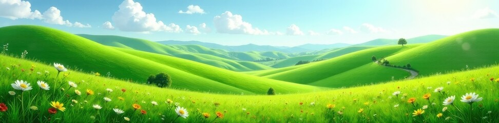 Fototapeta premium Rolling hills of emerald green with wildflowers swaying gently in the breeze, nature, pixel art