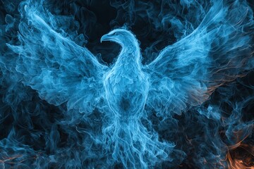 Mystical blue phoenix emerging from vivid smoke.