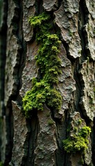 rough tree bark texture with moss and lichen growth, organic, greenery, moisture