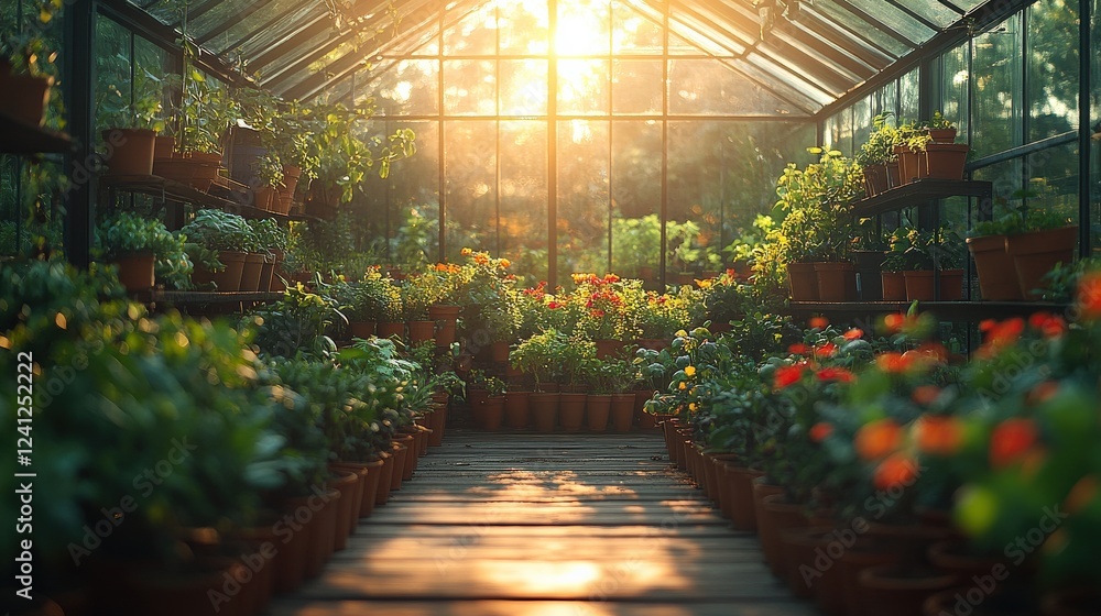 Wall mural Sunlight streaming through a greenhouse filled with vibrant flowers and plants in pots