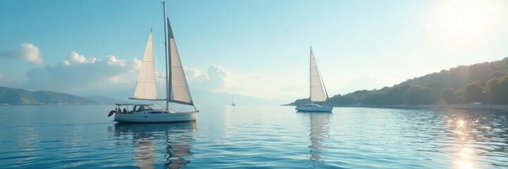 Obraz premium Sailboat in calm waters with Split waterfront, sea, harbor