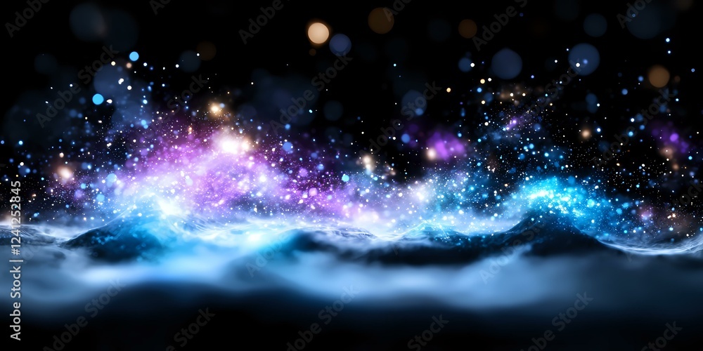 Poster magical glowing waves with sparkling particles in dark space, mystical blue and purple lights floati