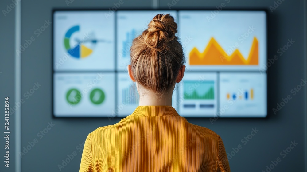 Poster professional analyzing data on a large screen.