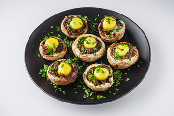 Baked Stuffed Mushrooms with Cheese, Meat Quail Egg Gourmet Delight