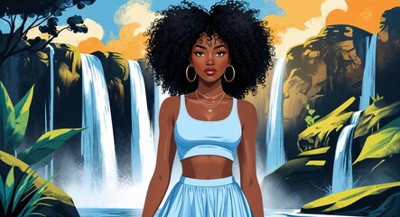 Young Black African Woman Curly Afro Hair in a crop top and flowy skirt near a waterfall background illustration portrait